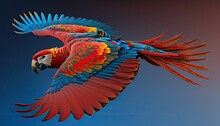 A Vibrant And Dynamic 3D Rendering Of A Scarlet Macaw Bird In Mid-flight Against A Vivid Blue Sky Backdrop. Its Feathers Are Rendered With Intricate Details And Striking Colors Generative Ai