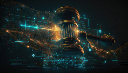 Sticker - Judge gavel on background of data center. Digital law concept of duality of Judiciary, Jurisprudence and Justice and data in the modern world. Copy space. Based on Generative AI