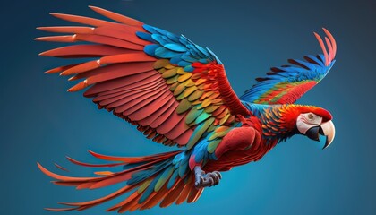 Wall Mural - A vibrant and dynamic 3D rendering of a scarlet macaw bird in mid-flight against a vivid blue sky backdrop. Its feathers are rendered with intricate details and striking colors generative ai