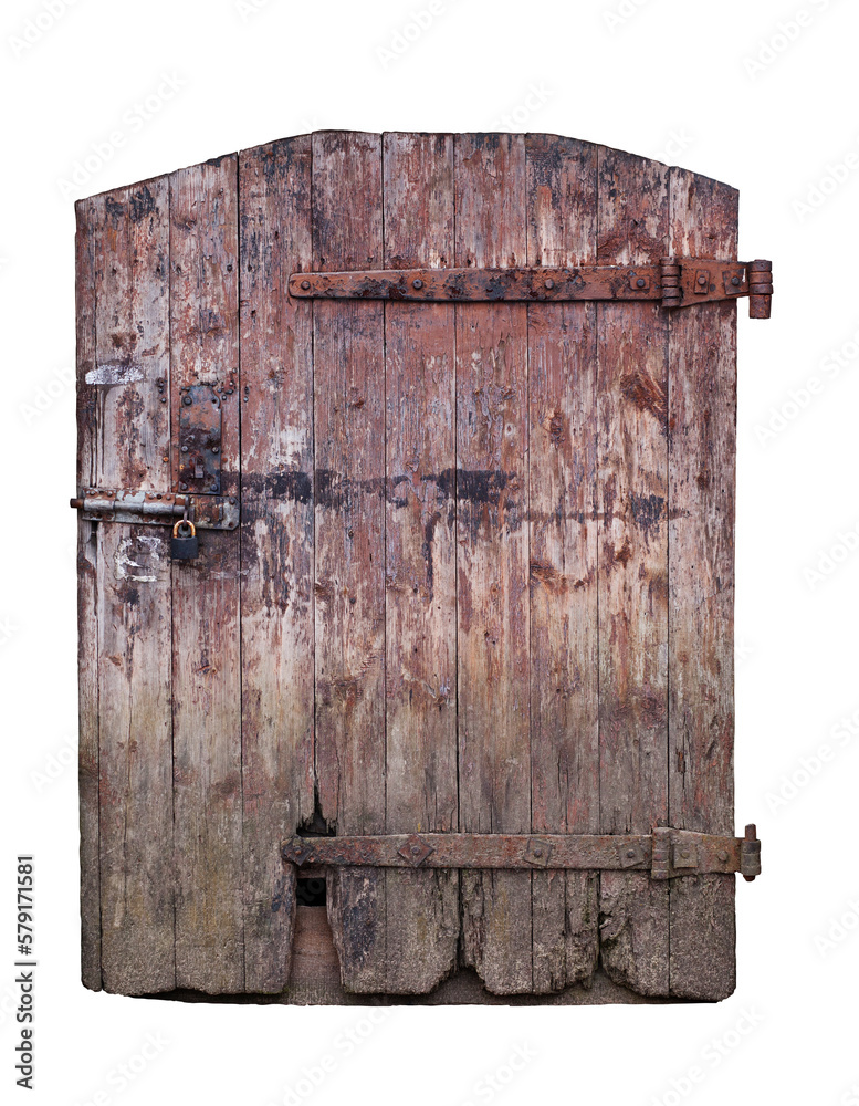 Closed big old door with rusty key isolated on transparent background ...