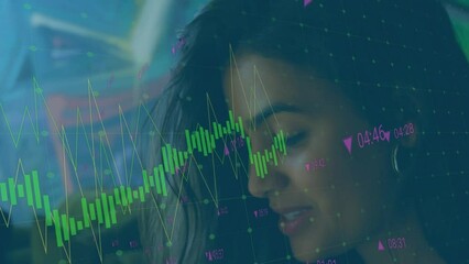 Poster - Animation of data processing over happy biracial businesswoman working in office