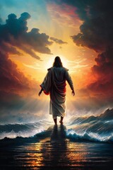 Wall Mural - Jesus walks on water. Jesus walking on the sea. Beautiful sunset. Generative AI