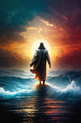 Jesus walks on water. Jesus walking on the sea. Beautiful sunset. Generative AI