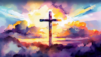 Wall Mural - Painting in watercolor depicting a cross. Sunset with clouds. Easter concept. Generative AI