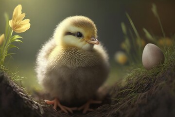 Wall Mural - Sweet chick freshly hatched from Easter egg as a digital illustration (Generative AI)