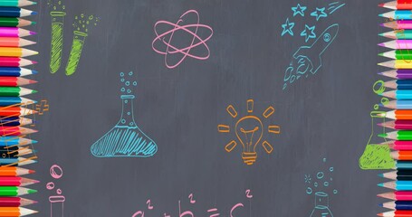 Poster - Animation of school items icons and pencils on gray background