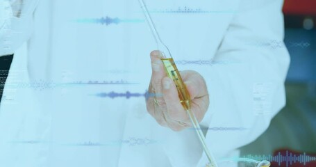 Poster - Animation of data processing over caucasian scientist with test tube