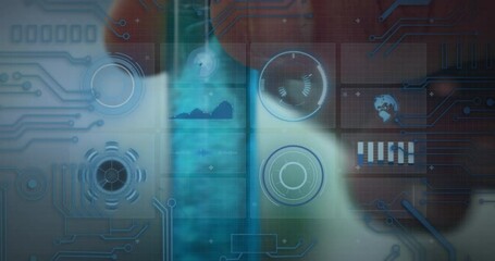 Poster - Animation of data processing and globe over caucasian scientist with test tube