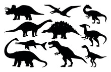 Set Of Dark Silhouettes Of Different Dinosaurs. Prehistoric Animals And Monsters. Triceratops, Brontosaurus, Pterodactyl And T-rex. Cartoon Flat Vector Collection Isolated On White Background