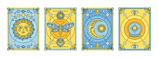 celestial poster set. magical or mystical covers with sun, crescent moon, butterfly and fortune tell