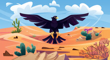 Black Eagle Over Desert. Colorful Banner With Hawk Or Raven Flying In Sky Over Sand Dunes And Cacti Looking For Prey. Wild Bird Predator. Summer Desert Landscape. Cartoon Flat Vector Illustration