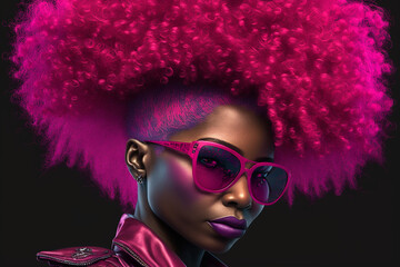 Red puff hair worn by afro American woman with glasses on red background. AI generated image