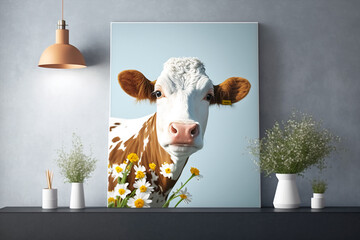 Sticker - isolated composition of cow with spring flowers. 