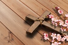 Easter Wooden Cross With Fresh Flowers