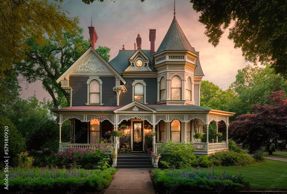 Classic Victorian home with a wrap-around porch and antique decor ...