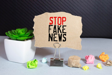 Woman holding megaphone and placard with text STOP FAKE NEWS on dark background