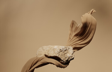 3d background. podium,stone display. beige luxury flying cloth in motion. glamour minimal pedestal f