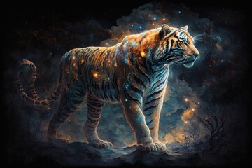 Wall Mural - the phantasmic majesty of the celestial tiger illuminated generative ai