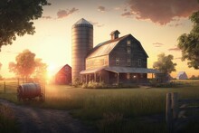 Farm Landscape With Barn And Silo At Sunset, Generative AI