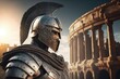 Spartan soldier and Greek monument in the background, Generative AI