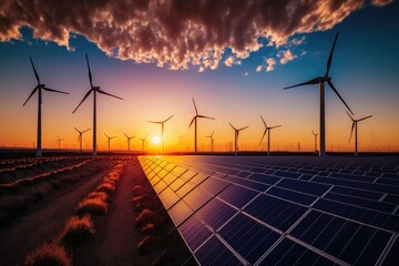 Canvas Print - Solar power plant with wind turbines under a blue sky in the sunset time. Generative AI