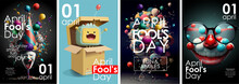 April 1, April Fool's Day. Crazy Funny Illustrations Of A Laughing Clown In A Cap, A Toy On A Spring, Glasses With A Nose And A Smile, Balloons For A Poster, Background Or Greeting Card