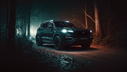 car suv in forest at night. created with generative ai.