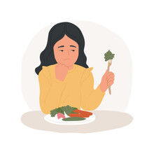 Unhappy About Diet Isolated Cartoon Vector Illustration. Unhappy Dieting Girl, Boring Expression When Eating Vegetables, Healthy Lifestyle Problem, Adolescent Meal Preference Vector Cartoon.