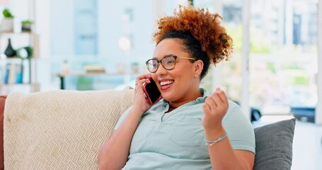 Canvas Print - Phone call, laughing and black woman talking on sofa, chatting or speaking to contact. Technology, cellphone or female in living room with mobile smartphone for comic discussion or funny conversation