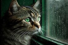 Green Eyed Cat Watching Outside A Rainy Window