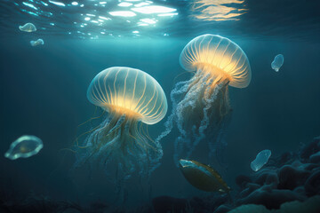 Canvas Print - jellyfish under water created with Generative AI technology