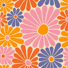 groovy daisy flowers seamless pattern. floral vector background in 1970s hippie retro style
