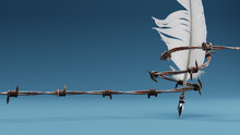 A Feather Fountain Pen Writes For Free Speech Between Barbed Wire. 3d Rendering
