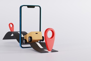 Sticker - The road outgoing by phone and courier parcel on wheels. Business and transportation concept. Logistics work, parcel delivery. 3D render, 3D illustration.