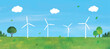 風車による風力発電と草原と山の景色水彩画横長