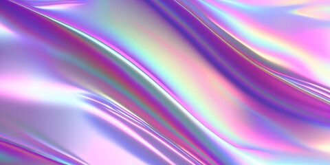 Abstract colorful smooth wavy elegant holographic silk cloth texture design, dynamic shiny luxury metallic satin fabric wave background, Ai generated