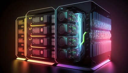Poster - Data center and computer servers with information background. Generative AI