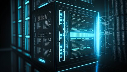 Poster - Data center and computer servers with information background. Generative AI