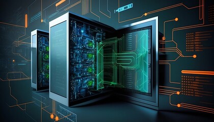 Poster - Data center and computer servers with information background. Generative AI