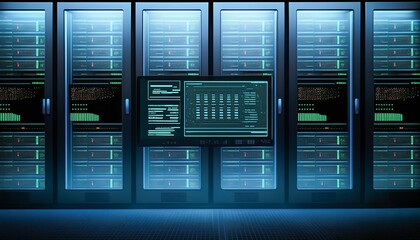 Poster - Data center and computer servers with information background. Generative AI