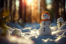 Funny Snowman In Winter Forest At Sunset. Christmas Background.generative Ai