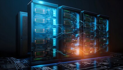 Poster - Data center and computer servers with information background. Generative AI