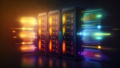 Poster - Data center and computer servers with information background. Generative AI