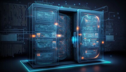 Poster - Data center and computer servers with information background. Generative AI