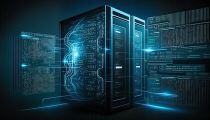 Poster - Data center and computer servers with information background. Generative AI