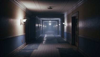 Wall Mural - Abandoned empty hallway of classic hotel corridor background. Generative AI technology.	