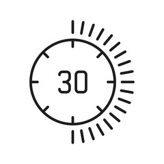 Poster - Speed tracker on 30 minutes, deadline outline icon. Vector half hour or minute, sport stopwatch timer. Thin line countdown sign, training chronometer