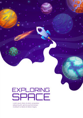 Poster - Landing page space, cartoon space rocket in starry galaxy universe. Landing page vector template for website of business project startup, company or product launch with spaceship, planets and stars