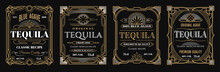 Vintage Tequila Labels, Alcohol Frames Background, Mexican Drink Beverage Vector Sign. Blue Agave Premium Quality Gold Or Silver Tequila Label Templates For Bottle Of Premium Quality Tequila Drink