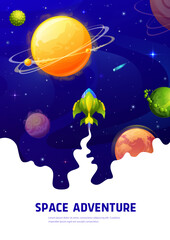 Poster - Space adventure poster, cartoon starship in galaxy, space planets and stars, vector background. Rocket shuttle or spaceship in spaceflight to galaxy universe stars and alien planets in fantasy cosmos